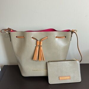 Dooney and Bourke Serena Embossed Leather Bucket Bag Taupe with Pouch NEW